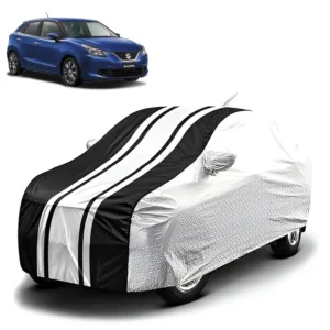 FABTEC - Metallic Silver & Black Stripes Waterproof Car Body Cover for Maruti Suzuki Baleno Old