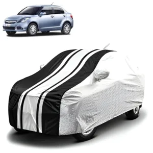 FABTEC - Metallic Silver & Black Stripes Waterproof Car Body Cover for Maruti Suzuki Dzire Old