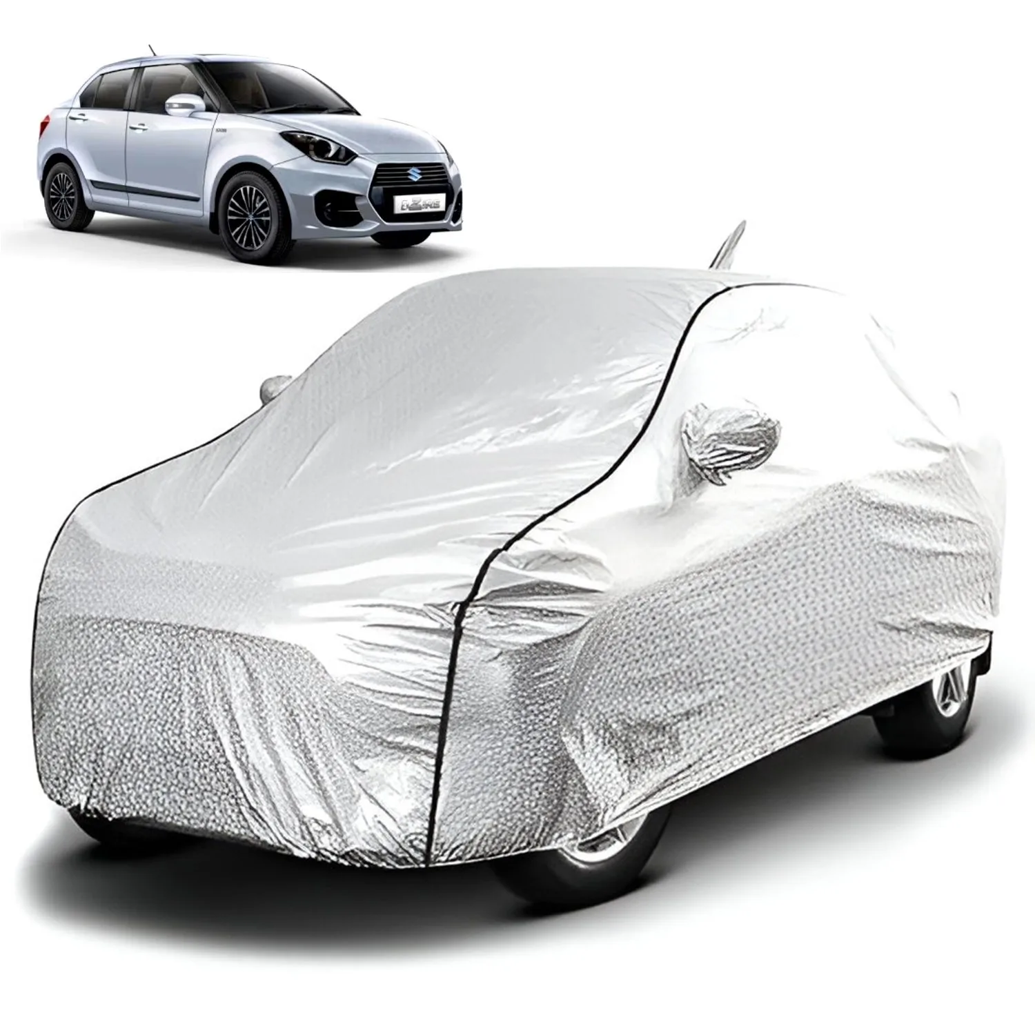 FABTEC - Metallic Silver Black Border Waterproof Car Body Cover for Maruti Suzuki Dzire 2018 - 2024