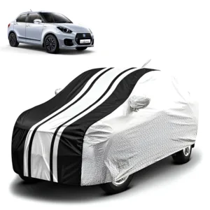FABTEC - Metallic Silver & Black Stripes Waterproof Car Body Cover for Maruti Suzuki Dzire New