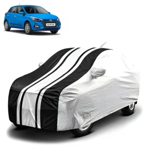 FABTEC - Metallic Silver & Black Stripes Waterproof Car Body Cover for Hyundai Elite I20
