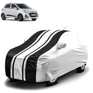 FABTEC - Metallic Silver & Black Stripes Waterproof Car Body Cover for Hyundai Grandi10