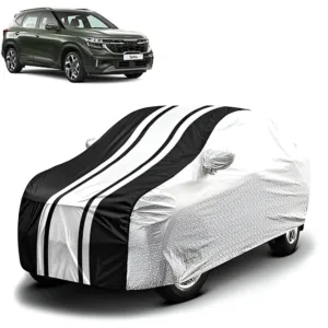 FABTEC - Metallic Silver & Black Stripes Waterproof Car Body Cover for Kia Seltos