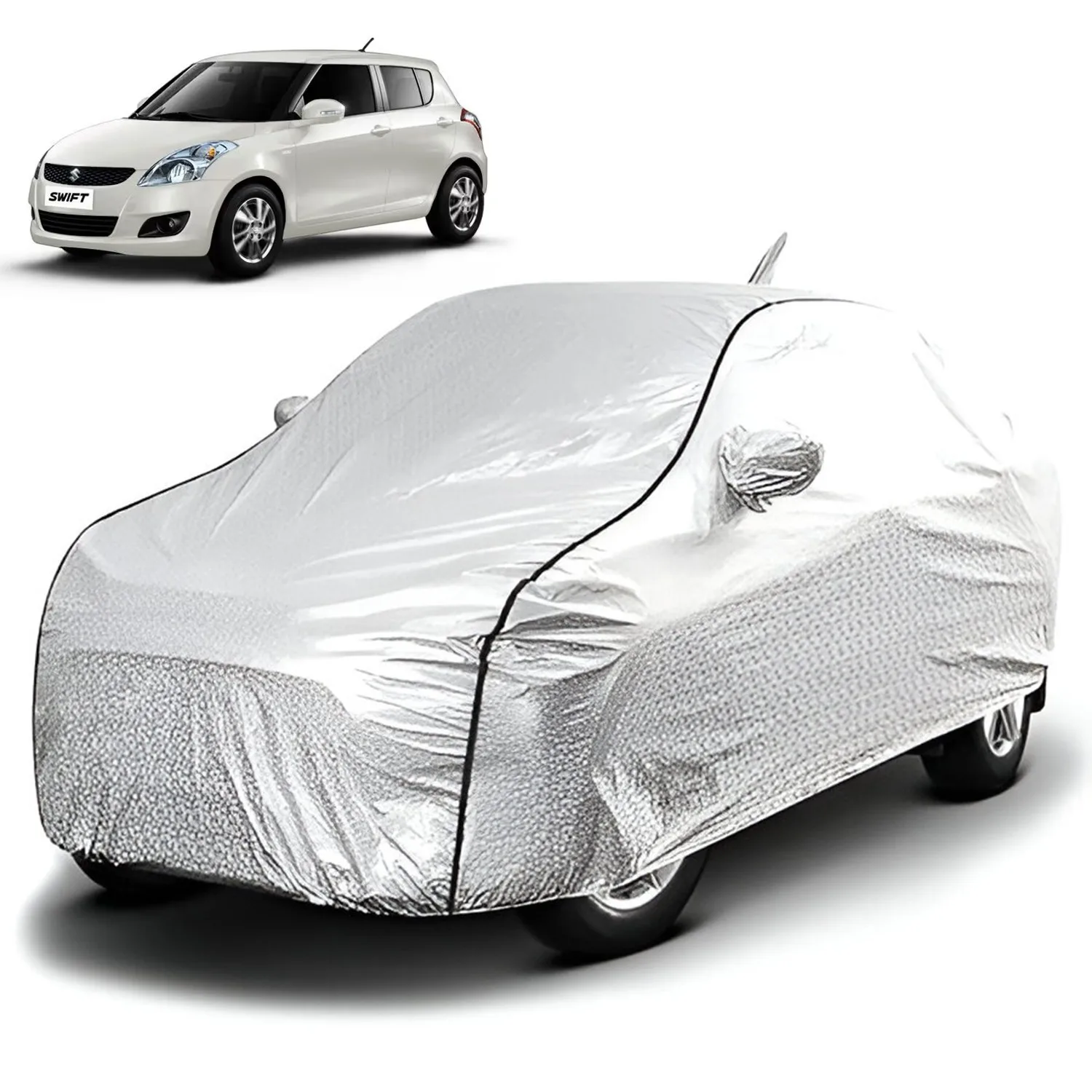 FABTEC - Metallic Silver Black Border Waterproof Car Body Cover for Maruti Suzuki Swift 2012