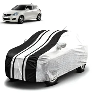 FABTEC - Metallic Silver & Black Stripes Waterproof Car Body Cover for Maruti Suzuki Swift Old