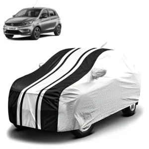 FABTEC - Metallic Silver & Black Stripes Waterproof Car Body Cover for Tata Tiago