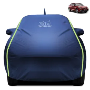 Fabtec Waterproof Car Body Cover for Toyota Glanza New with Mirror And Antenna Pocket, Triple Stitched and Soft Cotton Lining (Metallic Blue with Neon Piping)