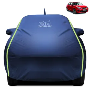 Fabtec Waterproof Car Body Cover for Toyota Glanza Old with Mirror And Antenna Pocket, Triple Stitched and Soft Cotton Lining (Metallic Blue with Neon Piping)