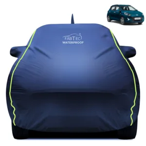 Fabtec Waterproof Car Body Cover for Hyundai Grand I10 with Mirror And Antenna Pocket, Triple Stitched and Soft Cotton Lining (Metallic Blue with Neon Piping)