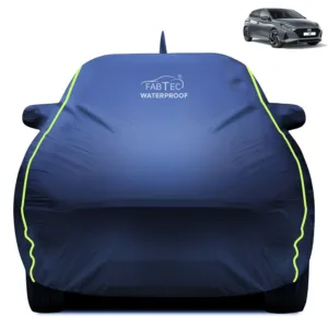 Fabtec Waterproof Car Body Cover for Hyundai I20with Mirror Pocket, Triple Stitched and Soft Cotton Lining (Metallic Blue with Neon Piping)