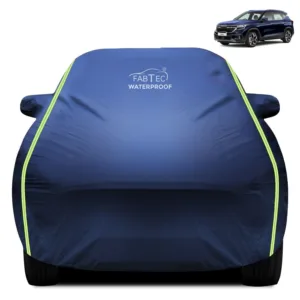 Fabtec Waterproof Car Body Cover for Kia Seltos with Mirror Pocket, Triple Stitched and Soft Cotton Lining (Metallic Blue with Neon Piping)