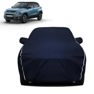 Fabtec Waterproof Car Body Cover for Tata Punch with Mirror Pocket, Triple Stitched and Soft Cotton Lining (Metallic Blue with White Piping)