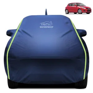Fabtec Waterproof Car Body Cover for Maruti Suzuki Swift Old with Mirror And Antenna Pocket, Triple Stitched and Soft Cotton Lining (Metallic Blue with Neon Piping)