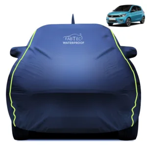 Fabtec Waterproof Car Body Cover for Tata Tiago with Mirror And Antenna Pocket, Triple Stitched and Soft Cotton Lining (Metallic Blue with Neon Piping)