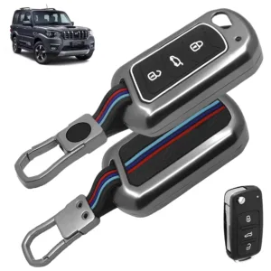FABTEC Metal Car Key Cover For Mahindra Scorpio N | 3XO | XUV 300 | Bolero | TUV 300 | XUV 700 | XUV 400 | Thar | Roxx | 3 Smart Button Metal Silicone TPU Protective Shell with Keychain (Black)