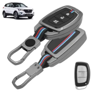 FABTEC Metal Car Key Cover For Hyundai i20 | Creta | Venue | Grand i10 Nios | i10 | Verna | Alcazar | Aura | Xcent | Elantra – Metal Silicone TPU Protective Shell with 3 Smart Button (Black)