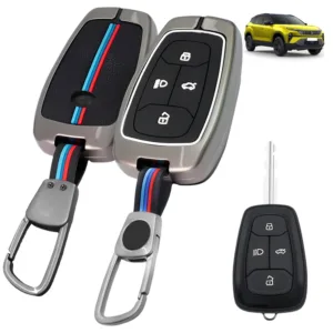 FABTEC Metal Car Key Cover For Tata Harrier | Safari | Nexon | Altroz | Tigor | EV Electric | Punch | Tiago | Metal Silicone TPU Protective Shell with 4 Smart Button (Black)
