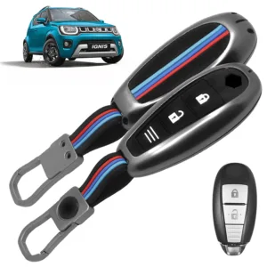 FABTEC Car Key Cover Compatible with Maruti Suzuki Ignis | S-Cross | Baleno | Ciaz | Vitara Brezza | Swift | SX4 | Ertiga - 3 Smart Button Metal Silicone TPU Protective Shell with Keychain (Black)