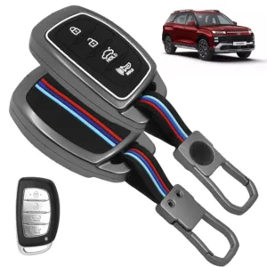 FABTEC Metal Car Key Cover For Hyundai Alcazar | Creta 2022 | Venue | i20 |Tucson | Elantra| 4 Smart Button Metal Silicone TPU Protective Shell with Keychain (Black)