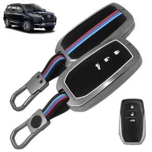 FABTEC Metal Car Key Cover For Toyota Fortuner | Legender | Innova Hycross | Invicto 3 | Land Cruiser | Innova Crysta | 3 Smart Button Metal Silicone TPU Protective Shell with Keychain (Black)