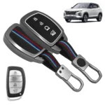 FABTEC Car Key Cover Compatible with Hyundai Creta 2024 | Venue| Elantra | Tucson| I-20 | 4 Smart Button Metal Silicone TPU Protective Shell with Keychain (Black)