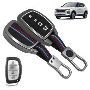 FABTEC Car Key Cover Compatible with Hyundai Creta 2024 | Venue| Elantra | Tucson| I-20 | 4 Smart Button Metal Silicone TPU Protective Shell with Keychain (Black)