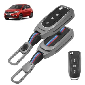 FABTEC Metal Car Key Cover For Tata Tiago | Nexon | Safari | Tigor | Altroz | Storme | Zest | Bolt | Curvv | Punch | 3 Smart Button Metal Silicone TPU Protective Shell with Keychain (Black)