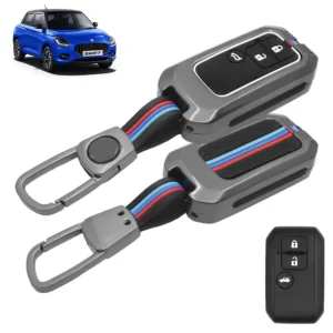 FABTEC Metal Car Key Cover For Maruti Suzuki Dzire | Ertiga | jimny | Baleno| Grand Vitara | XL6 | Swift | New Brezza | 3 Smart Button Metal Silicone TPU Protective Shell with Keychain (Black)