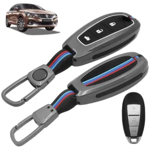 FABTEC Metal Car Key Cover For Maruti Suzuki Baleno | Ciaz | Vitara | Brezza | S Cross | Ignis | Toyota Urban Cruiser | 3 Smart Button Metal Silicone TPU Protective Shell with Keychain (Black)