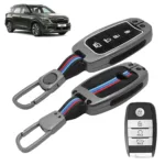 FABTEC Car Key Cover Compatible with Kia Seltos | Sonet | Carens|4 Smart Button Metal Silicone TPU Protective Shell with Keychain (Black)