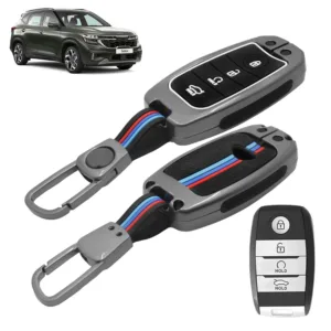 FABTEC Car Key Cover Compatible with Kia Seltos | Sonet | Carens|4 Smart Button Metal Silicone TPU Protective Shell with Keychain (Black)