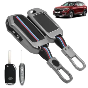 FABTEC Metal Car Key Cover For Seltos 2023 2024 | Carens| Sonet | Facelift HTX | Carens X Line Metal Silicone TPU Protective Shell with 3 Smart Flip Button (Black)