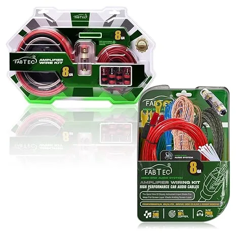 Fabtec 8 Gauge Car Amplifier Wiring Kit – Dual Channel Copper Wire kit Class AB Amp Compatible (5000w Peak /1000w RMS)