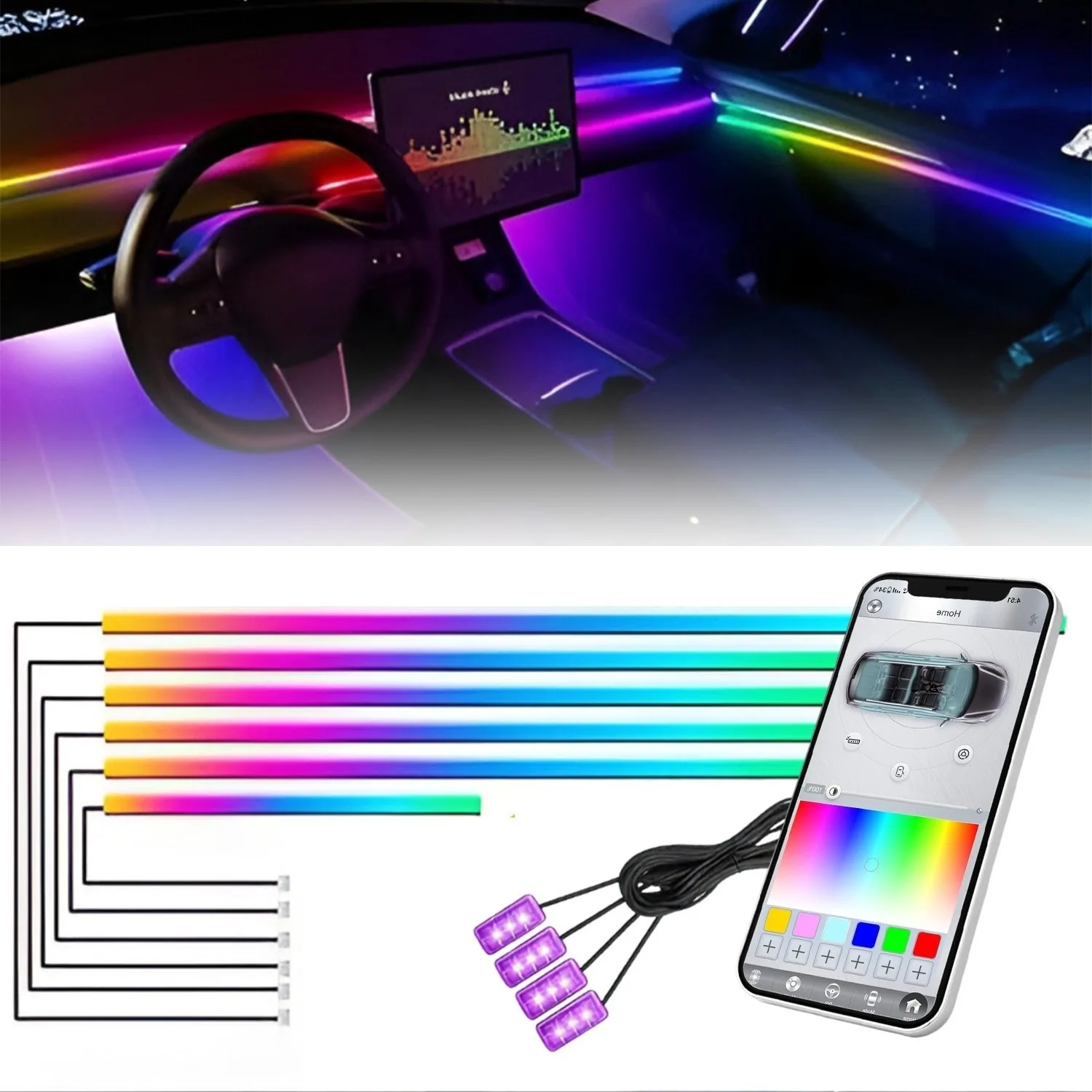 Fabtec Multi Color K4 10 in 1 Matrix Interior Ambient Running Atmosphere Light for Dashboard, Doors & Under Dash Ambience (App Controlled, Set of 10)