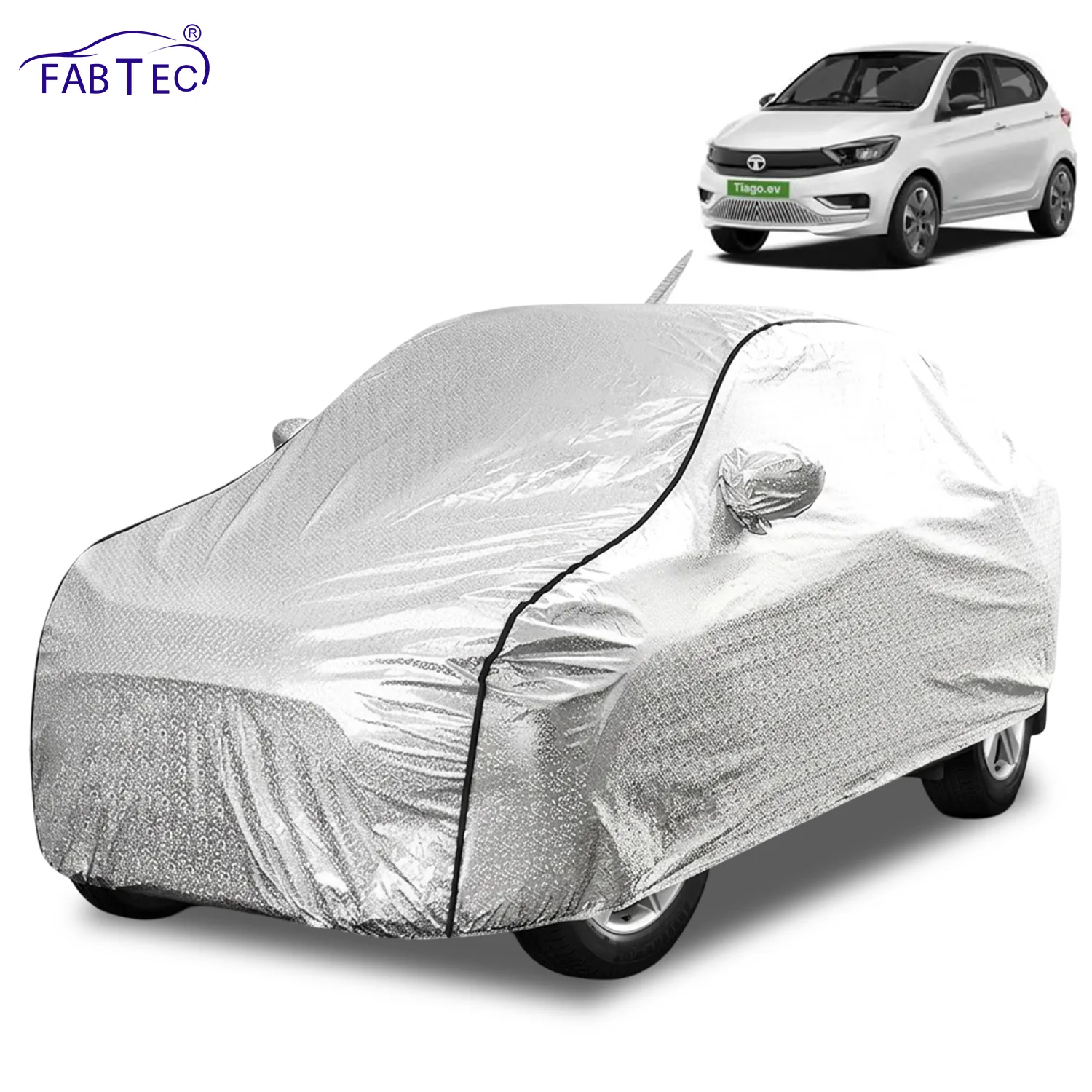 FABTEC Waterproof Metallic Silver Car Body Cover For Tata  Tiago EV 2022 - 2026