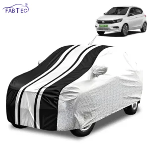 FABTEC Waterproof Silver & Black Stripes Car Body Cover for Tata Tiago EV 2022 – 2026